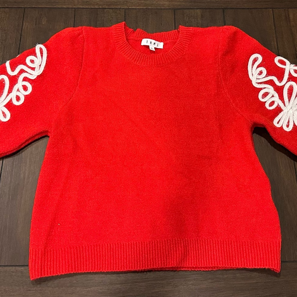 THML Red Sweater with White Sleeve Embroidery